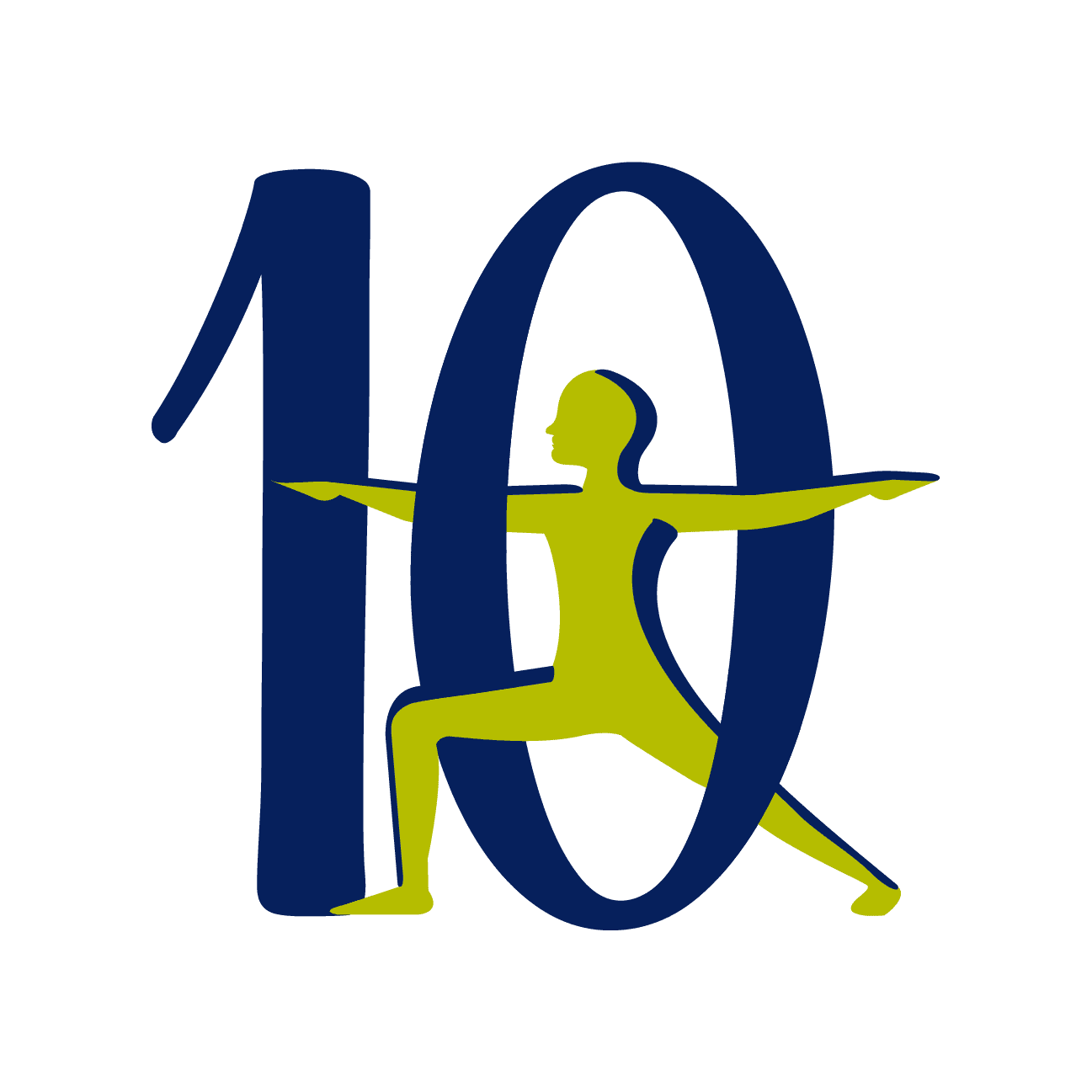 The number 10 with a figure doing yoga pose warrior 2
