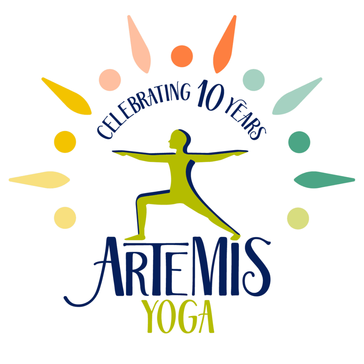 Colorful logo that says Celebrating 10 Years of Artemis Yoga